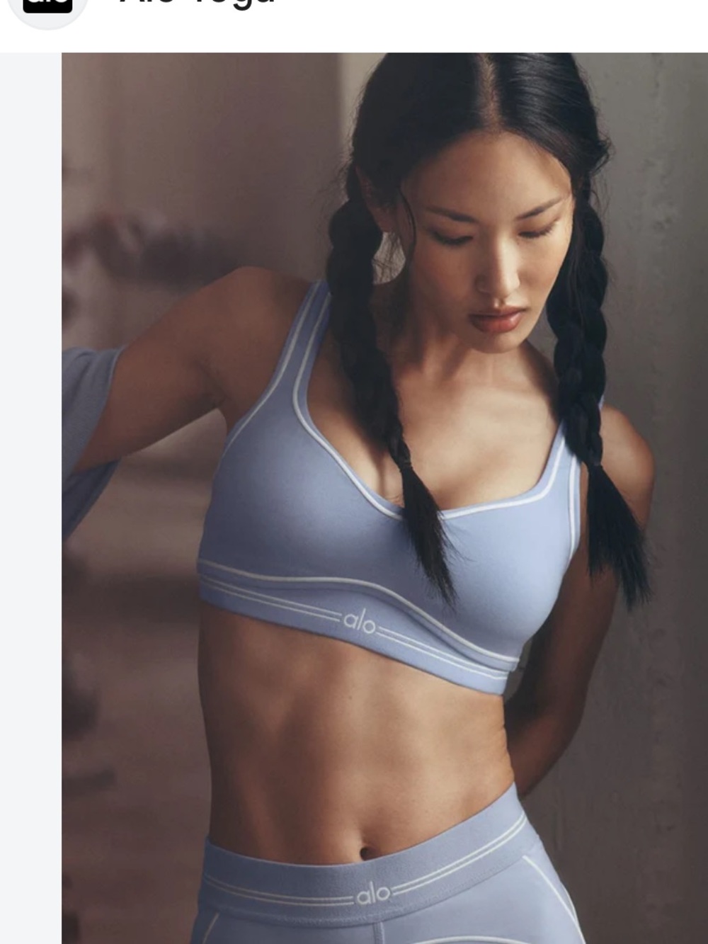 ALO Yoga Airbrush Heart Throb Bra in Light Blue with White Trim
